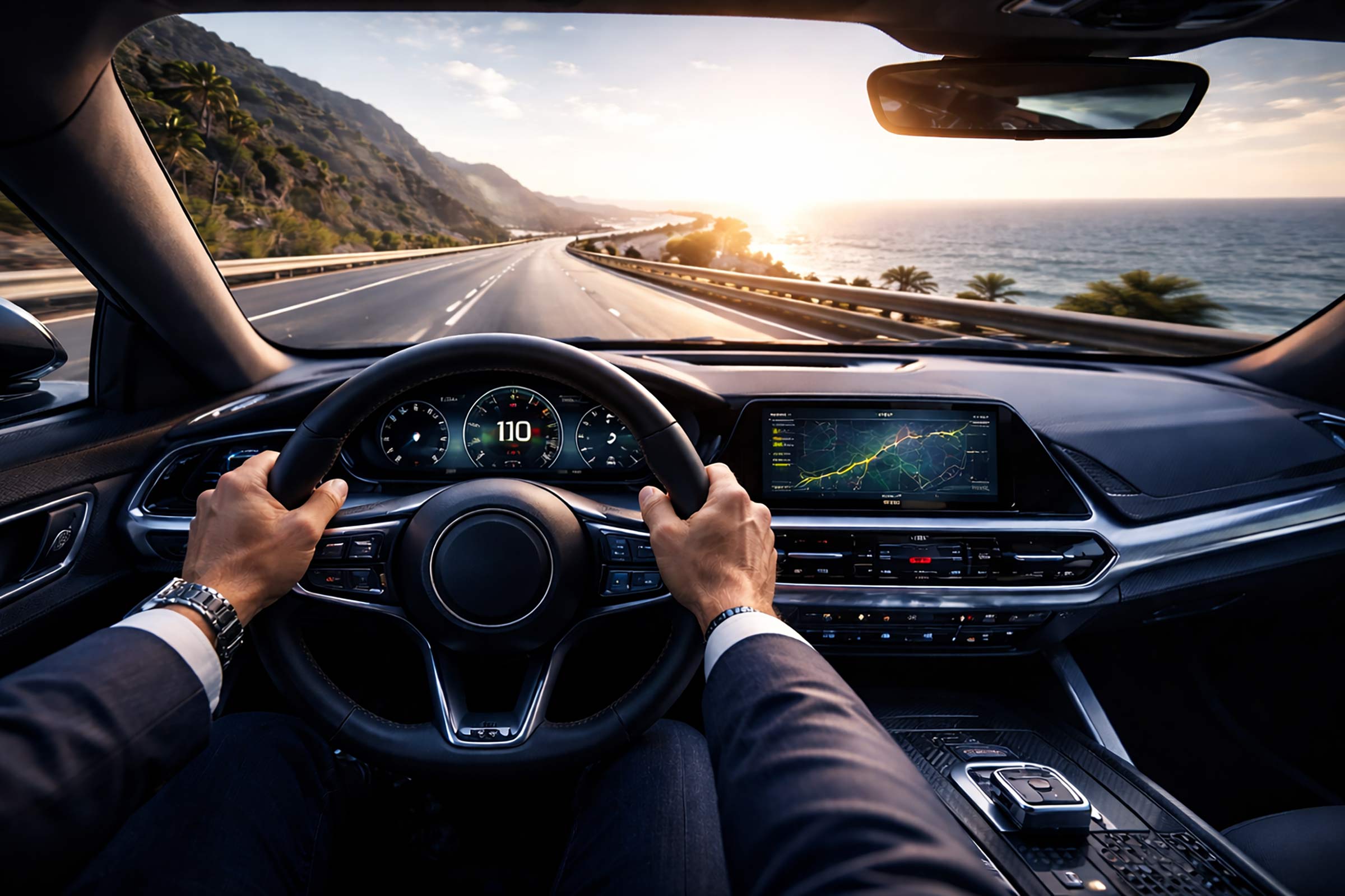 View from the driver’s seat of a car traveling along a coastal highway at sunset, with hands on the steering wheel and the speedometer reading 110. The dashboard display shows a navigation map and an upward-trending line graph, as the road curves beside the ocean and rocky hills—symbolizing driving forward toward financial success.
