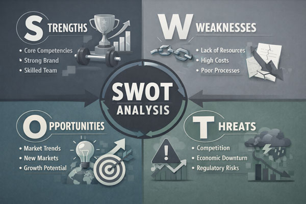 A 3D SWOT Analysis diagram divided into four quadrants: Strengths (trophy/weights), Weaknesses (broken chain/falling graph), Opportunities (lightbulb/target), and Threats (warning sign/storm cloud), with detailed bullet points for each category on a dark gray background.