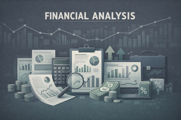 3D illustration titled "Financial Analysis" featuring a collection of data tools including line graphs, bar charts, a magnifying glass, a calculator, stacks of coins, and a laptop against a dark gray background.