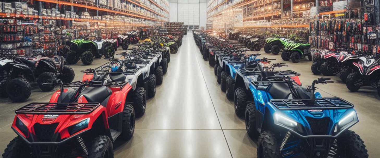 An image shot within a large warehouse containing many ATVs and power sports accessories